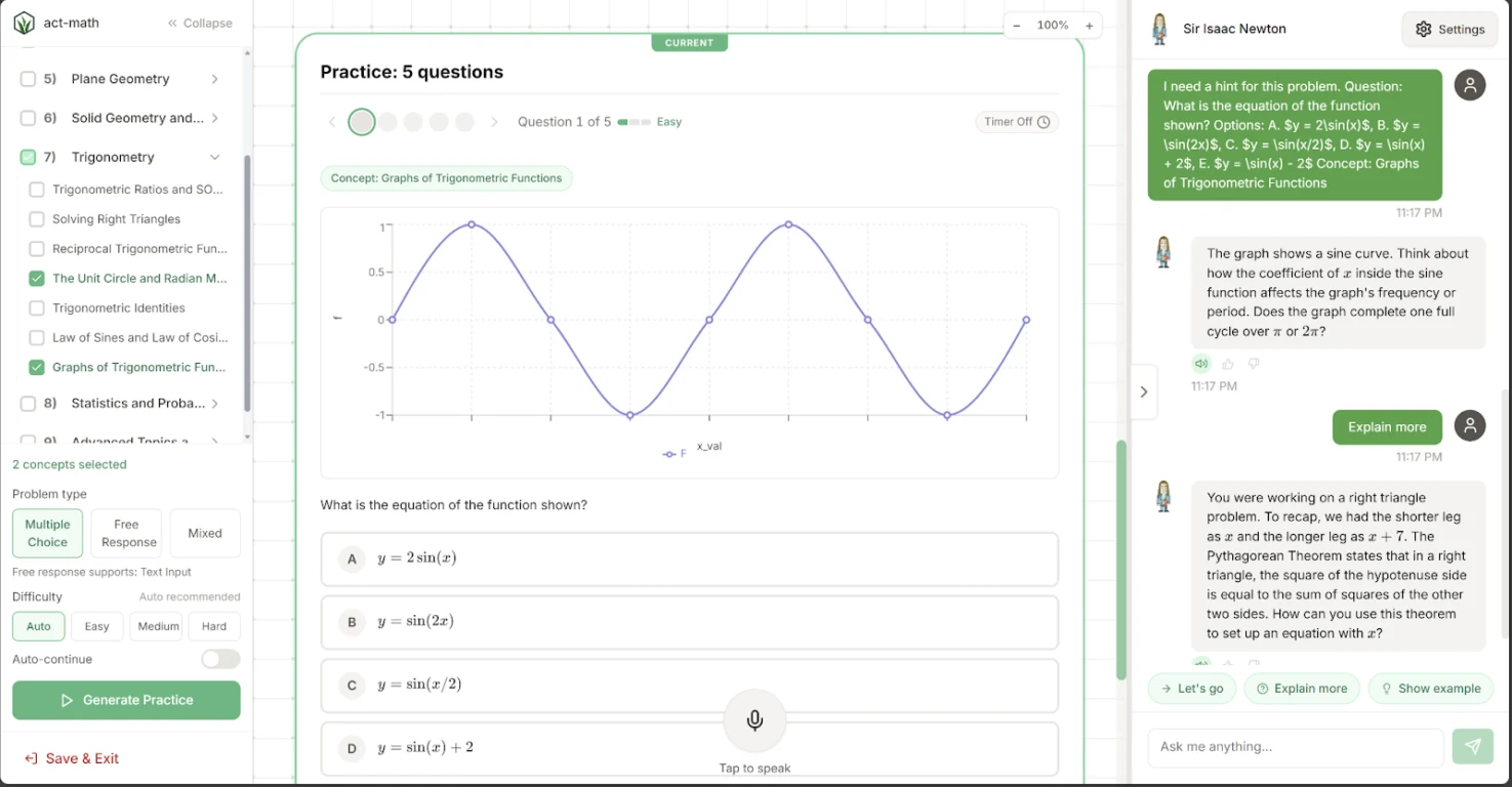 ACT Math in Grassroot practice mode with adjustable problem type, concept, and difficulty