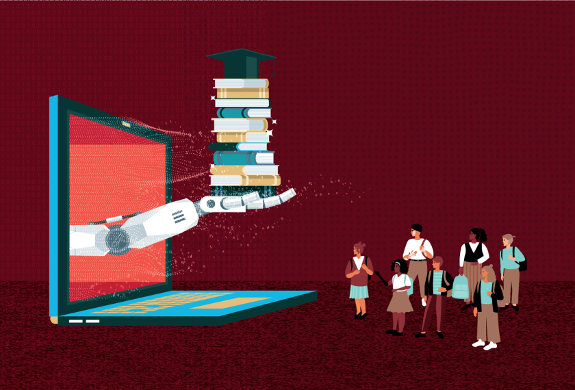 Illustration of an AI robotic hand extending books from a laptop toward students