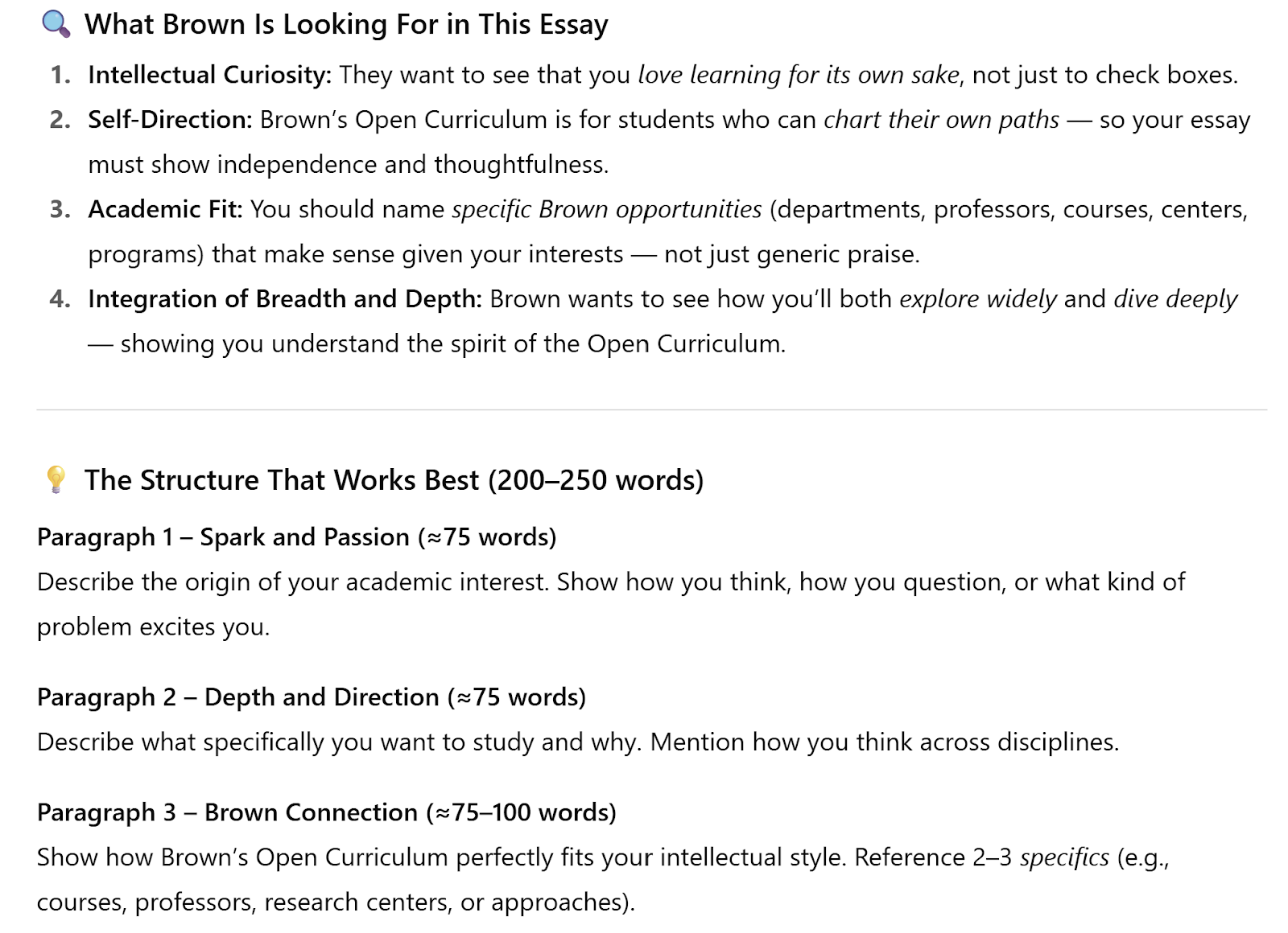 ChatGPT highlighting essay expectations and a suggested Brown University essay structure