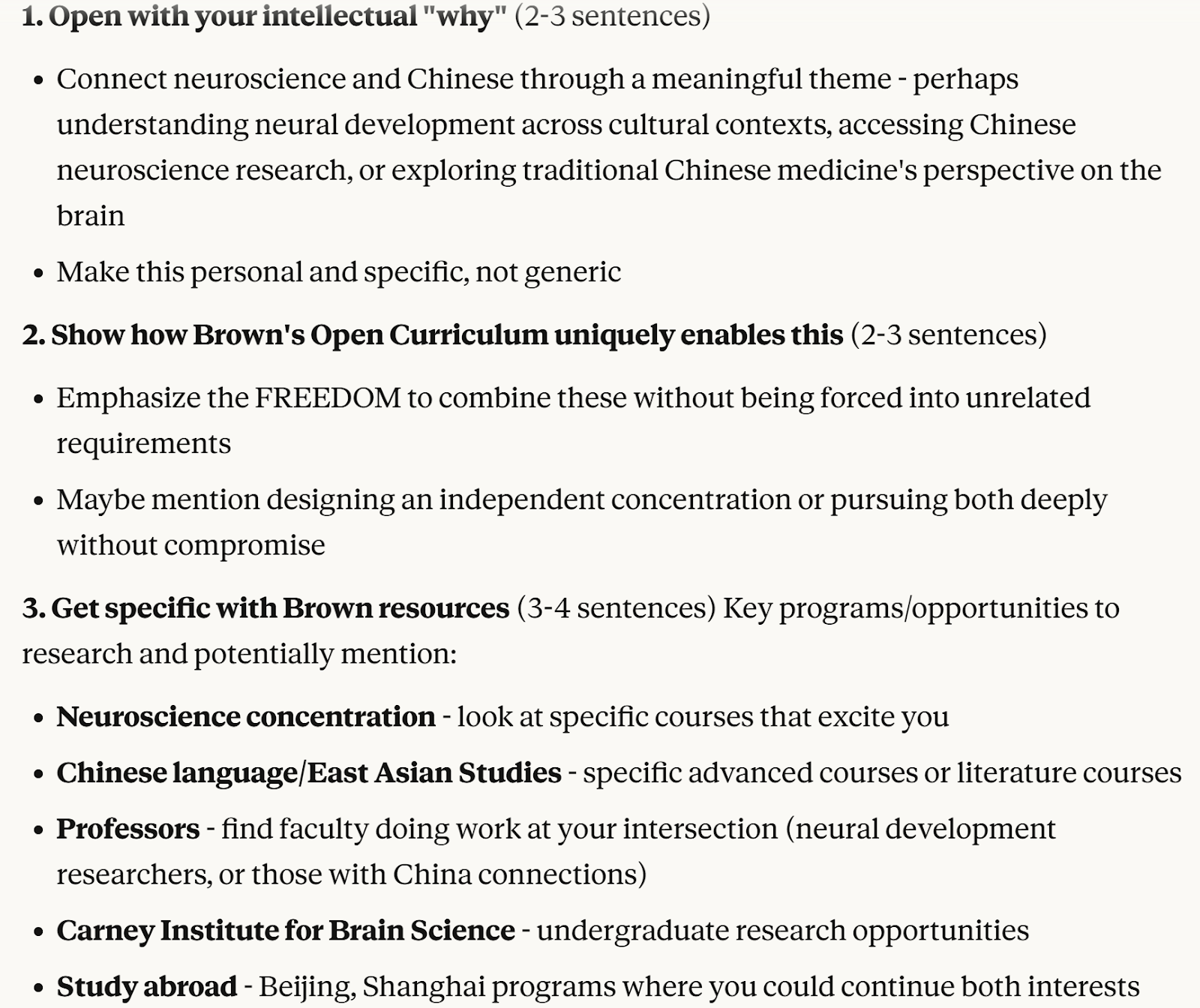 Claude recommending a sentence-by-sentence structure for the Brown essay