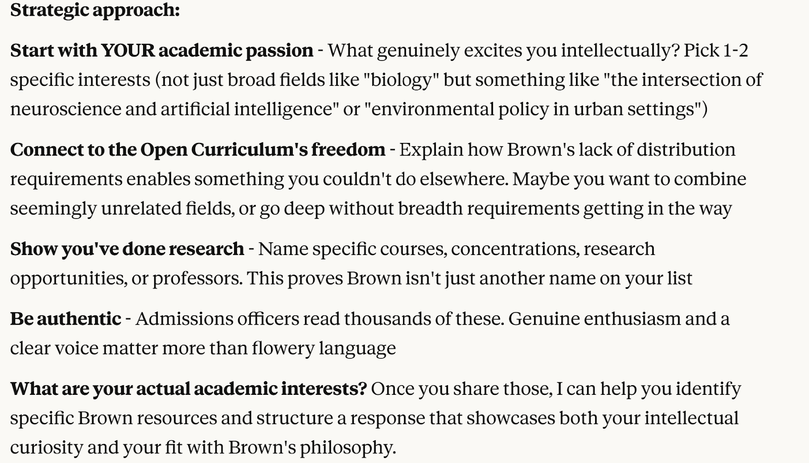 Claude outlining a strategic approach to writing the Brown Open Curriculum essay