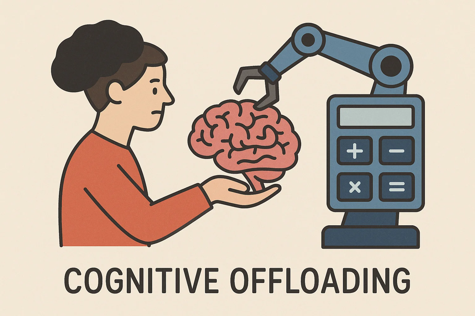 Cognitive offloading - person handing brain to robot calculator