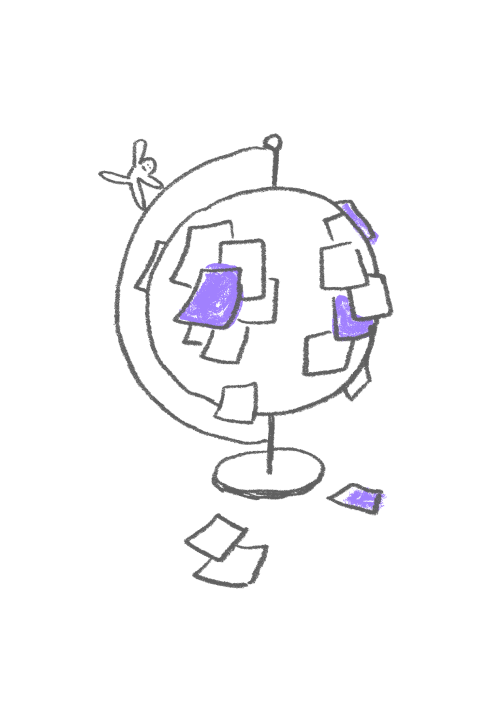 Illustrated globe covered in sticky notes