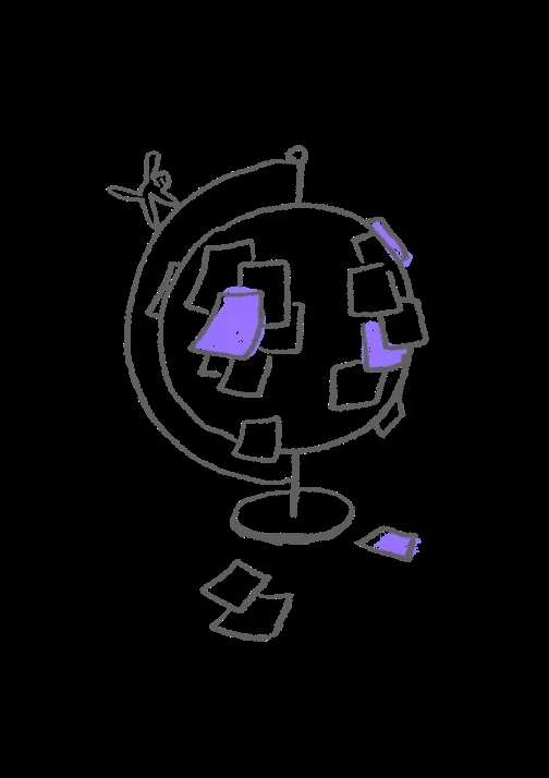 Illustrated globe covered in sticky notes