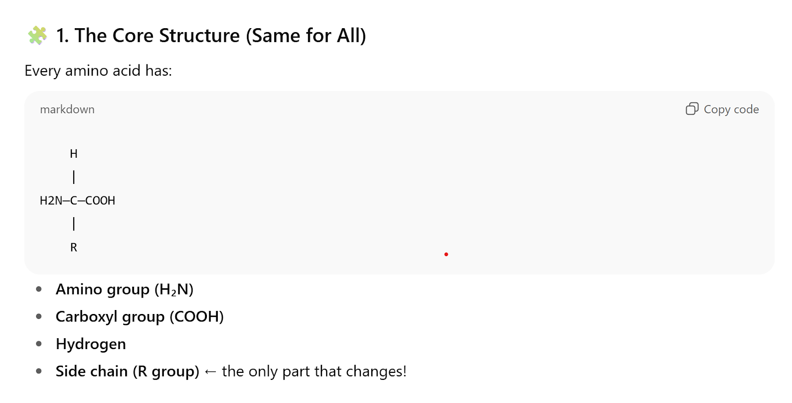 ChatGPT diagram showing the shared core structure of amino acids