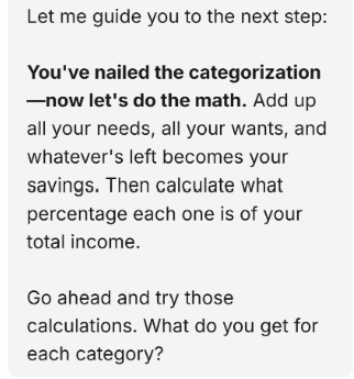 Grassroot tutor prompting a student to calculate percentages across budget categories