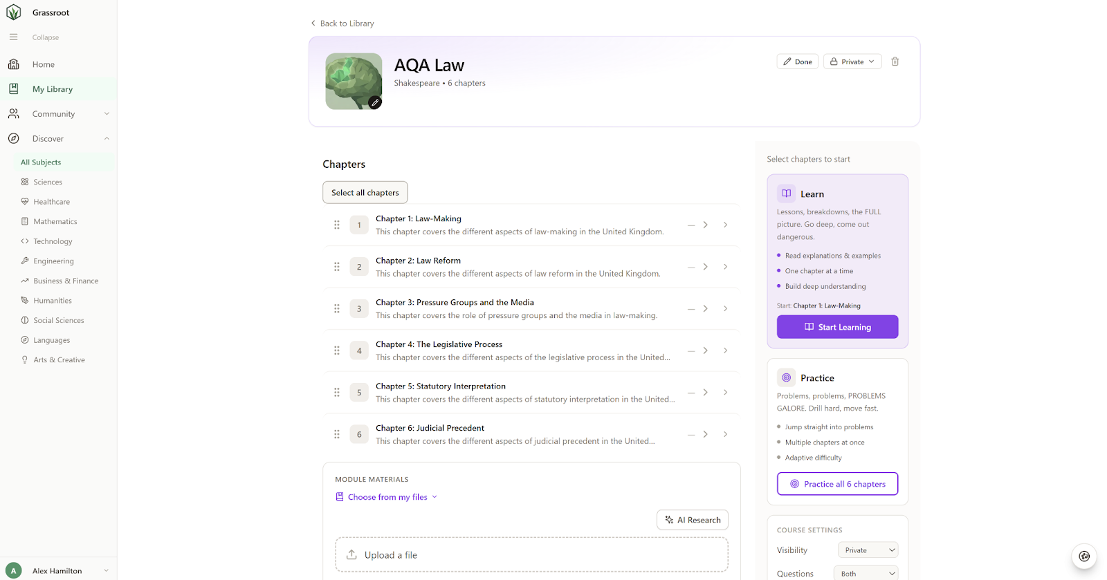 Grassroot self-upload feature showing an AQA Law course with six chapters and options to upload course materials