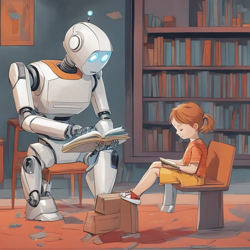 Robot tutor reading alongside a young student in a library