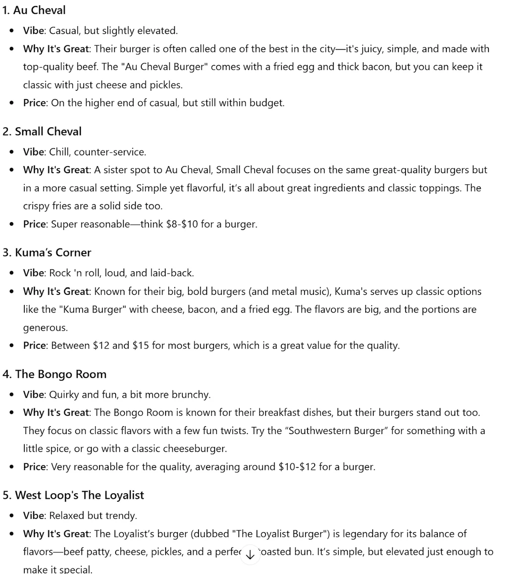 ChatGPT 在澄清后提供的经典汉堡推荐