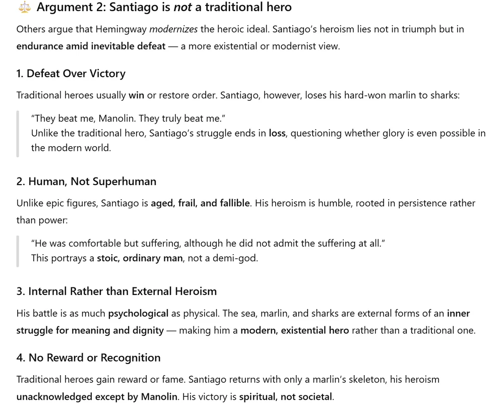 ChatGPT's complete analysis of Santiago as not a traditional hero