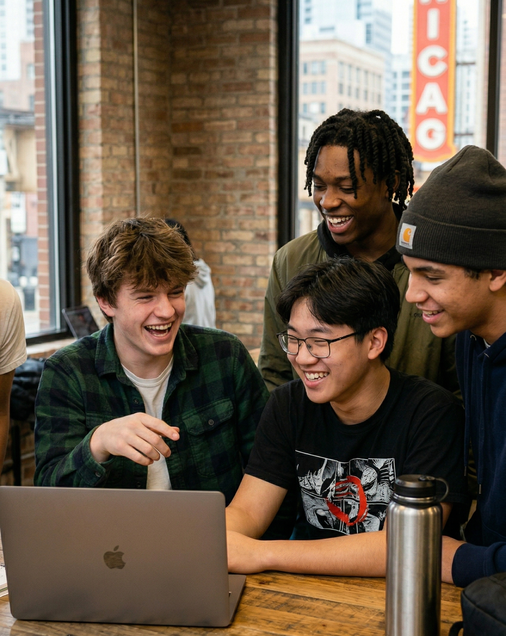 Friends collaborating on laptop